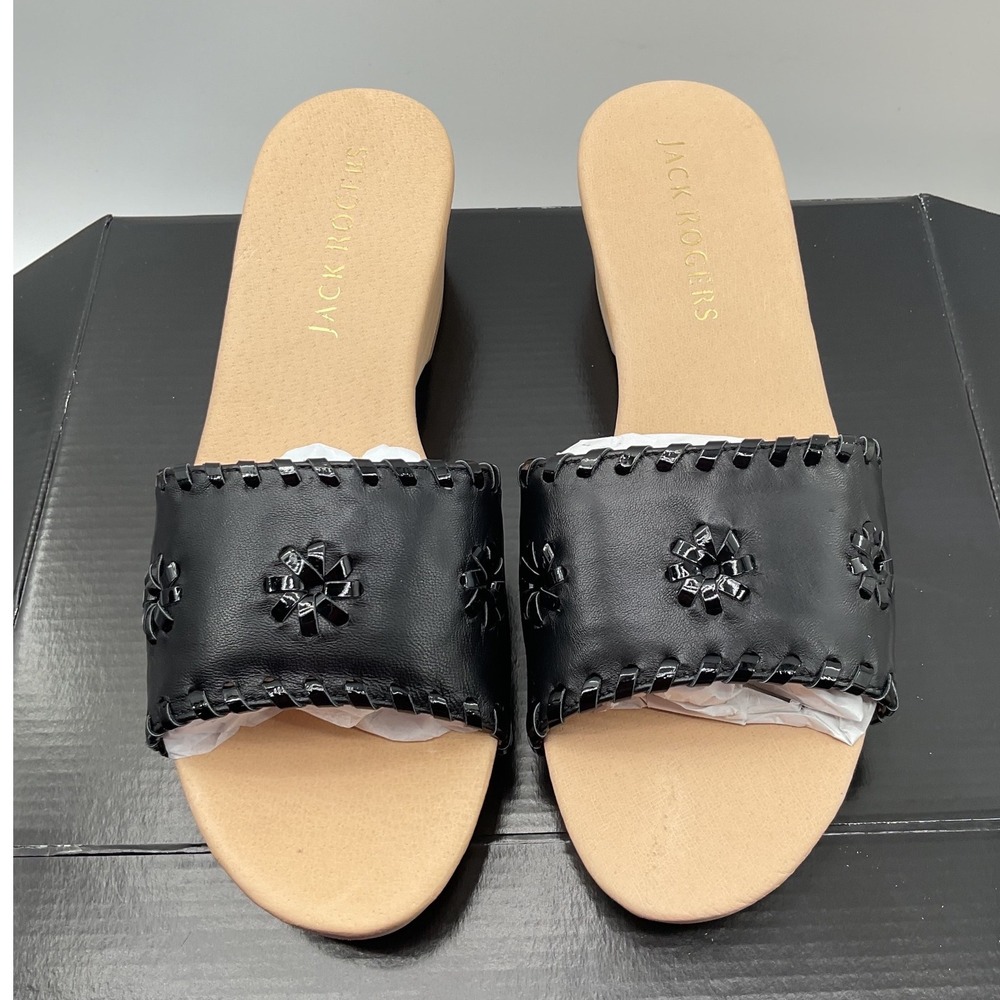 Jack Rogers Black Leather Whipstitch Wood Wedge Platform Slide Sandals